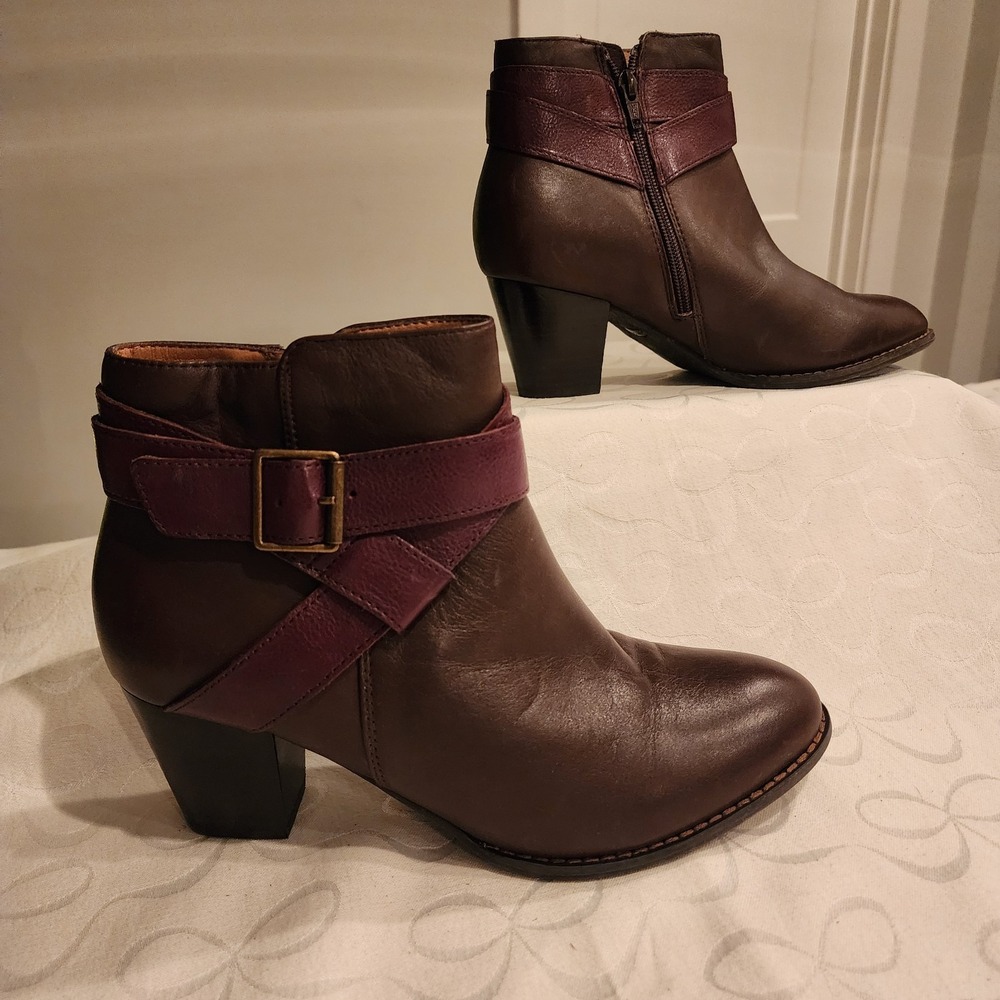 Vionic Trinity Leather Ankle Boots Size 9‎ Brown Strap Buckle Block Heel Comfort - Picture 2 of 11